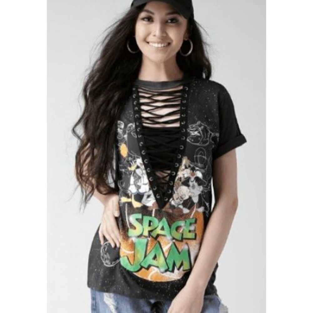 FOREVER 21 Printed Pure Cotton Lace Up Top  Charcoal Grey Womens Size Small NWT